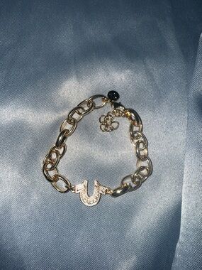 True Religion Gold Link Bracelet with Horseshoe Logo Charm
